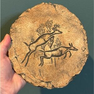 Vintage Stan Langtwait Clay Plaque Deer Wall Decor - Doe and Buck Jumping
